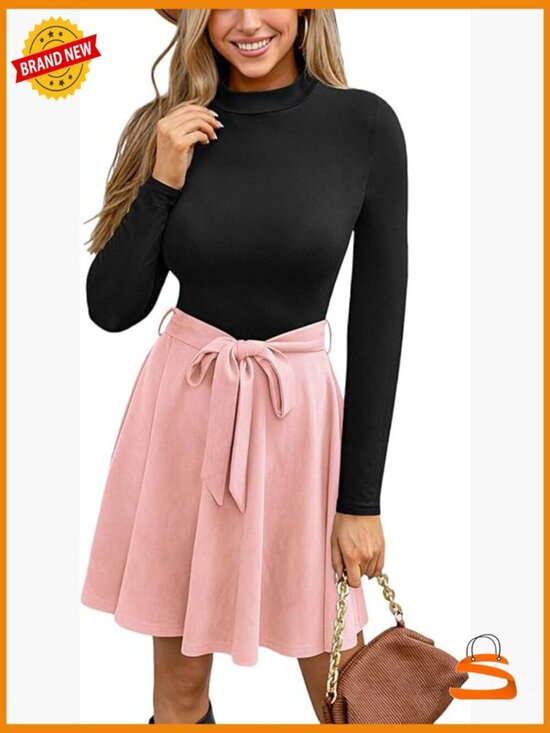 Dresses & Skirts - Long Sleeve A-Line Mini Dress with Belt for Work or Casual